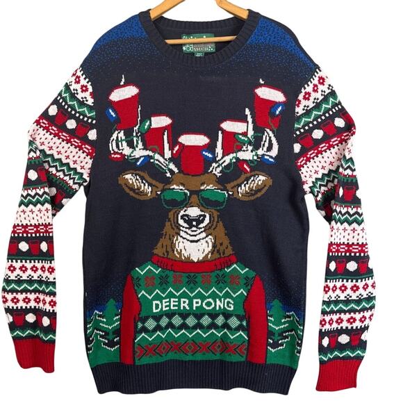 Ugly Christmas Sweater "Deer Pong" Christmas Sweater Size XL Unisex Fun Sweaters - Picture 1 of 9